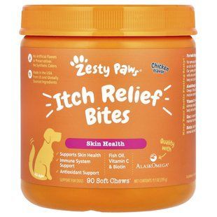 Zesty Paws, Itch Relief Bites, для собак будь-якого віку, курка, 90 м&rsquo;яких жувальних таблеток, 315 г (11,1 унції)