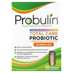 Пробіотики, Total Care Probiotic, Probulin, 20 мільярдів КУО, 30 капсул