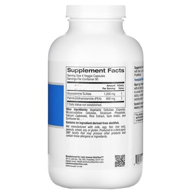 PEA (пальмітоілетаноламід) + глюкозаміну сульфат, Lake Avenue Nutrition, 600 мг + 1200 мг на порцію, 360 вегетаріанських капсул
