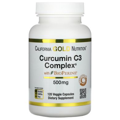 Куркумін комплекс із біоперином формула підтримки при запаленні California Gold Nutrition (Curcumin C3 Complex with BioPerine) 500 мг 120 вегетаріанських капсул