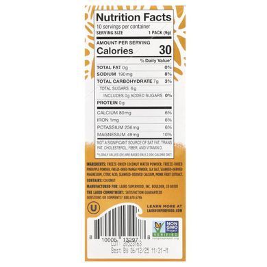 Laird Superfood, Hydrate Coconut Water, Electrolyte Drink Mix, Mango Pineapple, 10 Single Serve Packs, 0.3 oz (9 g) Each