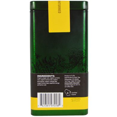 Куркума-імбир, органічний розсипний трав'яний чай, аюрведичний + лимон Мейєра, Rishi Tea, 2,47 унції (70 г)
