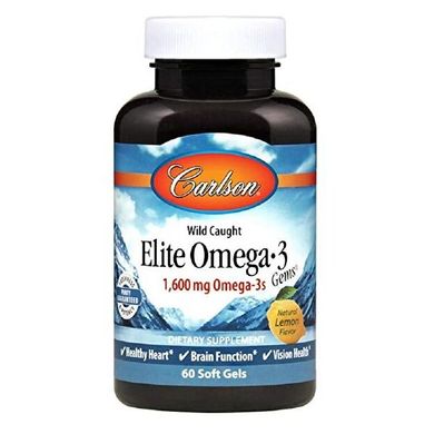 Рыбий жир Омега-3 лимон Carlson Labs (Elite Omega-3) 1600 мг 60 гелевых капсул купить в Киеве и Украине