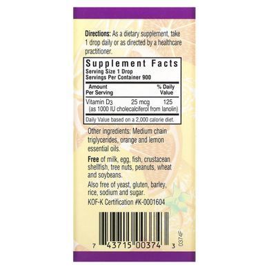 Liquid Vitamin D3 Drops Natural Citrus Flavor Bluebonnet Nutrition 1000 IU 30 ml