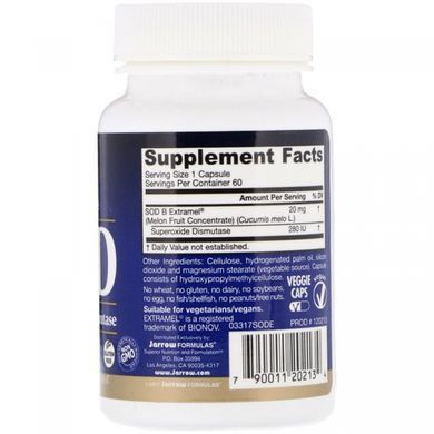 Супероксиддисмутаза (СОД), SOD Superoxide Dismutase Antioxidant Enzyme, Jarrow Formulas, 20 мг, 60 растительных капсул купить в Киеве и Украине