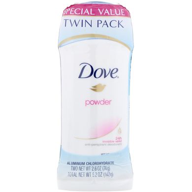 Невидимий твердий дезодорант, порошок, Invisible Solid Deodorant, Dove, 2 упаковки, 2,6 унції (74 г) кожен