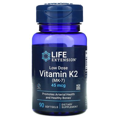 Вітамін К2 (МК-7) в низькому дозуванні, Low Dose Vitamin K2 MK-7, Life Extension, 45 мкг, 90 м'яких желатинових капсул