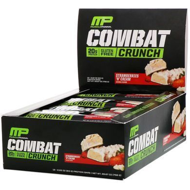 Полуниця з вершками, Combat Crunch, MusclePharm, 12 батончиків, 63 г (2,22 унції) кожен
