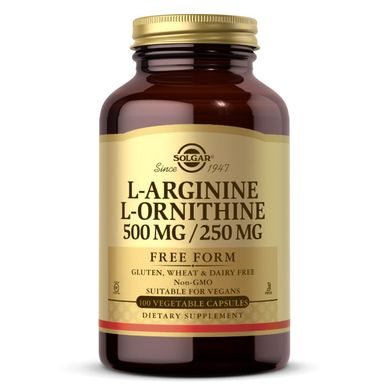 Аргінін і Орнітин Solgar (L-Arginine & L-Ornithine) 500 мг / 250 мг 100 вегетаріанських капсул