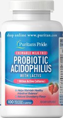 Пробіотик ацидофільний жувальний полуниця, Probiotic Acidophilus Chewables Strawberry, Puritan's Pride, 100 жувальних