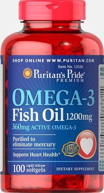 Омега-3 рыбий жир, Omega-3 Fish Oil(Active Omega-3), Puritan's Pride, 1200 мг, 100 капсул купить в Киеве и Украине