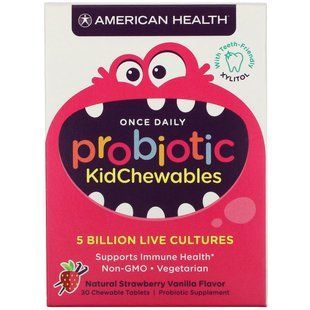 Childrens probiotics, Probiotic Kids, natural strawberry-vanilla flavor, American Health, 5 billion live cultures, 30 chewable tablets.