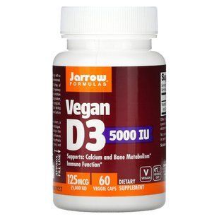 Вегетарианский витамин Д3, Vegan D3, Calcium and Bone Metabolism, Jarrow Formulas, 125 мкг, (5000 МЕ), 60 вегетарианских капсул купить в Киеве и Украине
