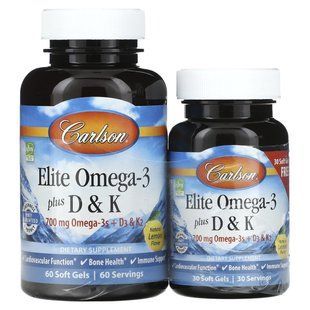 Омега-3 с витаминами D и K Carlson Labs (Elite Omega-3 D & K) 700 мг/2000 МЕ/90 мкг 60 капсул со вкусом лимона купить в Киеве и Украине