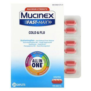 Mucinex, Fast-Max, проти застуди та грипу, максимальна ефективність, для дітей старше 12 років, 20 капсул