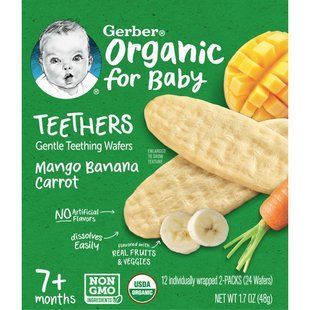 Мягкие зубные вафли, 7+ месяцев, банановая морковь с манго, Organic Teethers, Gentle Teething Wafers, 7+ Months, Mango Banana Carrot, Gerber, 24 вафель по 48 г купить в Киеве и Украине