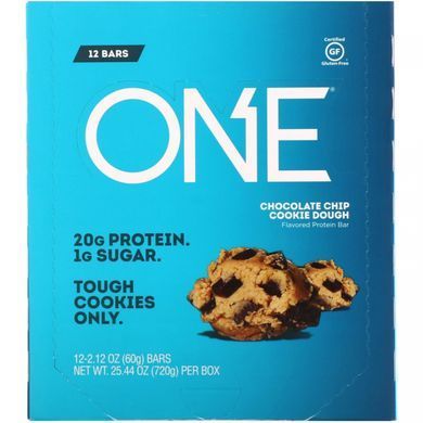 One Bar, cookie dough with chocolate chips, One Brands, 12 bars, 2.12 oz (60 g) each.