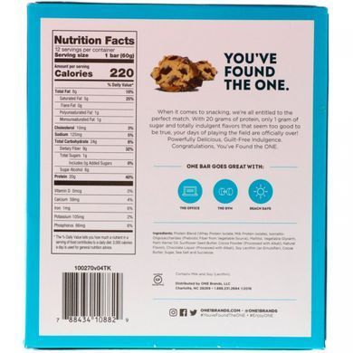 One Bar, cookie dough with chocolate chips, One Brands, 12 bars, 2.12 oz (60 g) each.