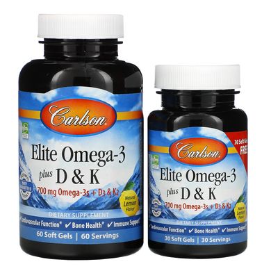 Комплекс омега-3 та вітамін Д та K смак лимона Carlson Labs (Elite Omega-3 Plus D&K Natural Lemon Flavor) 60 м'яких таблеток + 30 таблеток у подарунок