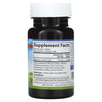 Ниацин, Витамин В3, Niacin, Carlson Labs, 50 мг, 100 таблеток купить в Киеве и Украине