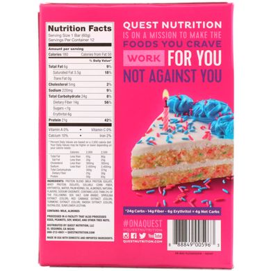 Протеїнові батончики, торт до дня народження, Quest Nutrition, 12 батончиків, по 2,12 унції (60 г) кожен