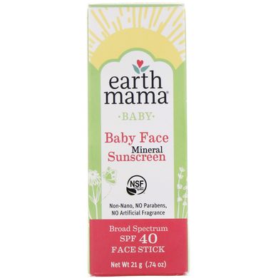 Для малюків, мінеральний сонцезахисний засіб для обличчя малюка, олівець для обличчя, фактор захисту від сонця SPF40, Earth Mama, 0,74 унц (21 г)