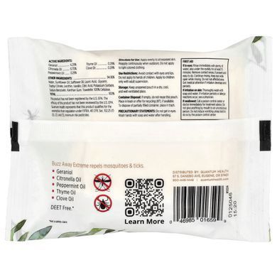 Quantum Health, Buzz Away Extreme&reg;, Repels Mosquitoes & Ticks , 20 Towelettes, 2.58 oz (73.2 g)