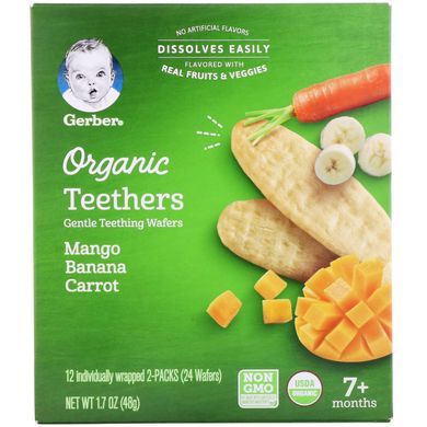 М'які зубні вафлі, 7 + місяців, бананова морква з манго, Organic Teethers, Gentle Teething Wafers, 7 + Months, Mango Banana Carrot, Gerber, 24 вафель по 48 г