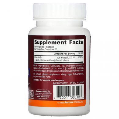 Вегетарианский витамин Д3, Vegan D3, Calcium and Bone Metabolism, Jarrow Formulas, 125 мкг, (5000 МЕ), 60 вегетарианских капсул купить в Киеве и Украине
