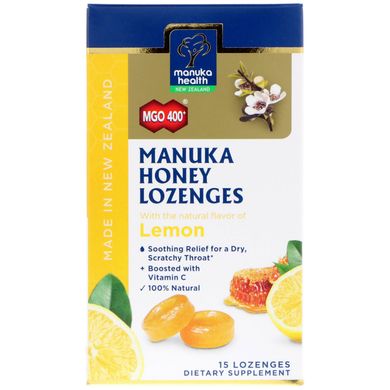 Манука мед вкус лимона Manuka Health (Manuka Honey Lozenges MGO 400+) 15 шт. купить в Киеве и Украине