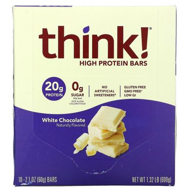 Високопротеїновий батончик, білий шоколад, ThinkThin, 10 батончиків, 2,1 унції (60 г) кожен