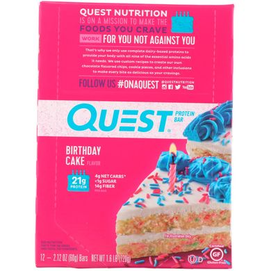 Протеиновые батончики, торт ко дню рождения, Quest Nutrition, 12 батончиков, по 2,12 унции (60 г) каждый купить в Киеве и Украине