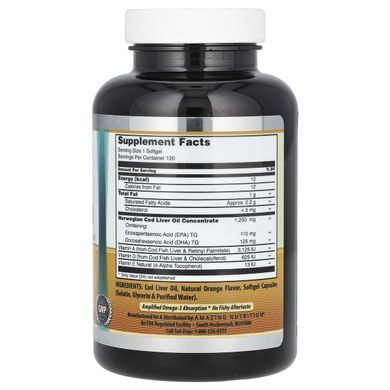 Amazing Nutrition, Жир печени норвежской трески, апельсин, 1250 мг, 120 мягких таблеток