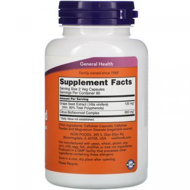 Екстракт виноградних кісточок Now Foods (Grape Seed) 60 мг 180 капсул