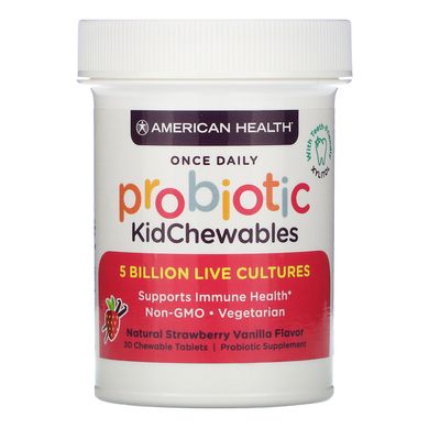 Дитячі пробіотики, Probiotic Kids, натуральний полунично-ванільний смак, American Health, 5 мільярдів живих культур, 30 жувальних таблеток