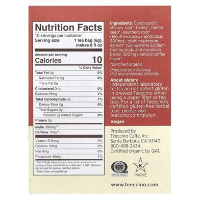 Mushroom Herbal Tea, Organic Reishi Eleuthero, French Roast, Caffeine Free, Teeccino, 10 tea bags, 2.12 oz (60 g)