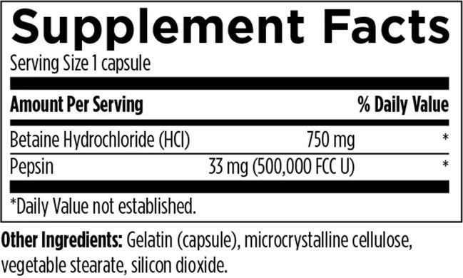 Бетаїн HCI, соляна кислота та пепсин Designs for Health (Betaine HCl) 120 капсул
