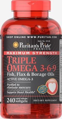 Максимальна сила потрійний омега 3-6-9 масла з риби, льону і огірочника, Maximum Strength Triple Omega 3-6-9 Fish, Flax,Borage Oils, Puritan's Pride, 240 капсул