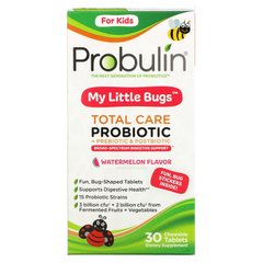 Для дітей, пробіотики + пребіотики і постбіотики, кавун, For Kids, My Little Bugs, Total Care Probiotic + Prebiotic & Postbiotic, Watermelon, Probulin, 30 жувальних таблеток