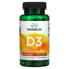 Swanson, Витамин D3, для поддержки здоровья и иммунитета, высочайшая эффективность, 5000 МЕ, 250 мягких таблеток купить в Киеве и Украине