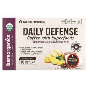 BareOrganics, Daily Defense, кава з суперфудами, темне обсмажування, 10 чашок по 11,5 г (0,41 унції)