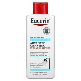 Очищувальний засіб для тіла та обличчя, без ароматизаторів, Advanced Cleansing, Body and Face Cleanser, Fragrance Free, Eucerin, 500 мл