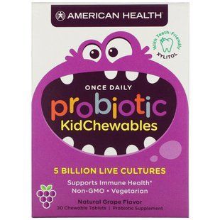 Childrens probiotics, Probiotic Kids, natural grape flavor, American Health, 5 billion live cultures, 30 chewable tablets.