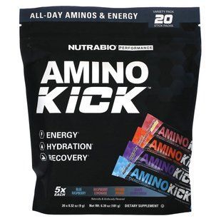 NutraBio, Amino Kick, Variety Pack, 20 Sticks, 0.32 oz (9 g) Each купить в Киеве и Украине