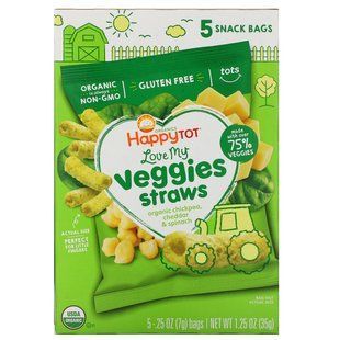 Соломка из нута органик сыр чеддер и шпинат Happy Family Organics (Chickpea Straws Snack) 5 пакетов по 7 г купить в Киеве и Украине