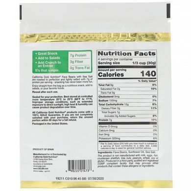 Готовые к употреблению жареные ломтики фасоли морская соль California Gold Nutrition (Foods Fava Beans Ready to Eat Roasted Slices Sea Salt) 127 г купить в Киеве и Украине