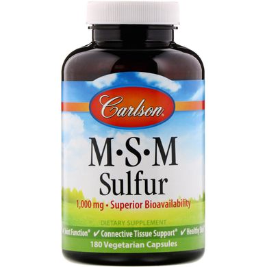 МСМ, MSM Sulfur, Carlson Labs, 1000 мг, 180 вегетаріанських капсул