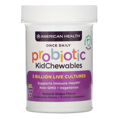 Дитячі пробіотики, Probiotic Kids, натуральний виноградний смак, American Health, 5 мільярдів живих культур, 30 жувальних таблеток