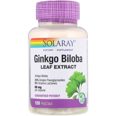 Экстракт листьев гинкго билоба, Ginkgo Biloba Leaf Extract, Solaray, 60 мг, 120 капсул купить в Киеве и Украине