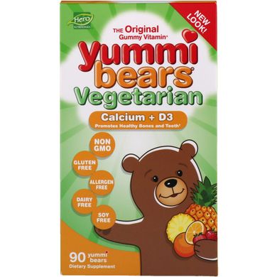 Вегетаріанські смачні ведмедики, кальцій + D, Hero Nutritional Products, 3, 90 жувальні цукерки у вигляді ведмежат